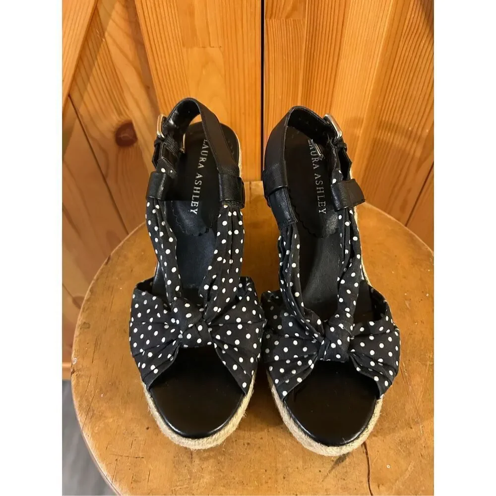 Laura Ashley KILBY Wedge Sandals Espadrilles Shoes black white dots SZ 7B